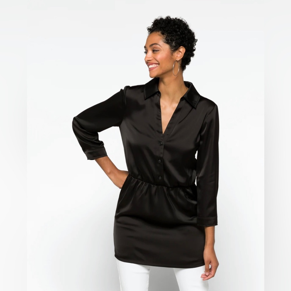 Satin Mini Shirt Dress In Black